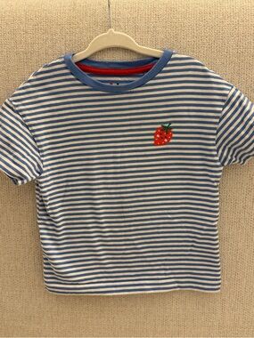 Mini Boden Blue & White Striped Kids Tee with Embroidered Strawberry Patch